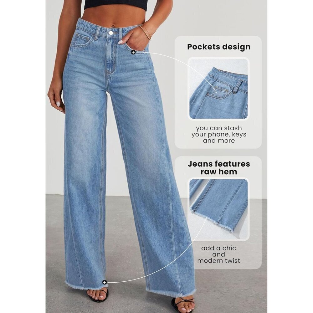 Wide Leg Jeans Women High Waisted Stretchy Baggy Raw Hem Denim Palazzo - Picture 2 of 5